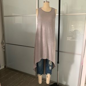 Asymmetrical gray shirt dress.
